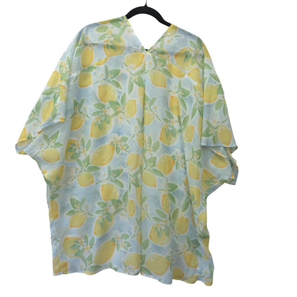 Lemon Print Sheer Kimono Wrap One Size Yellow Blue Fruit Chiffon Cover Up Beach